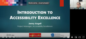 A teal slide with white title text that reads "Introduction to Accessibility Excellence" followed by a subtitle that reads: "Jenny Angell, Project Manager, Accessibility Excellence." The logos of IMLS, PA Museums, and PHMC appear on a white band at the bottom of the slide.